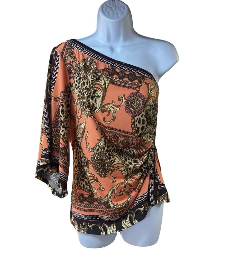 Cache Womens M One Shoulder Top Baroque Leopard Chain Print Coral 3/4 Sleeve